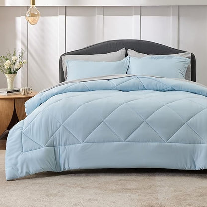 Bedsure Sky Blue Queen Comforter Set - 7 Pieces Reversible Queen Bed in a Bag Queen Bed Set with Comforters, Sheets, Pillowcases & Shams, Queen Bedding Sets