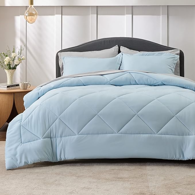 Bedsure Sky Blue King Size Comforter Set - 7 Pieces Reversible King Bed in a Bag King Bed Set with Comforters, Sheets, Pillowcases & Shams, King Bedding Sets