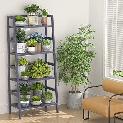 Homykic Bamboo Ladder Shelf 4-Tier Bookshelf, 49.2” Freestanding Open Bookcase Book Shelf Bathroom Storage Shelf Unit Plant Stand for Living Room, Bedroom, Small Space, Home Office, Blue Grey
