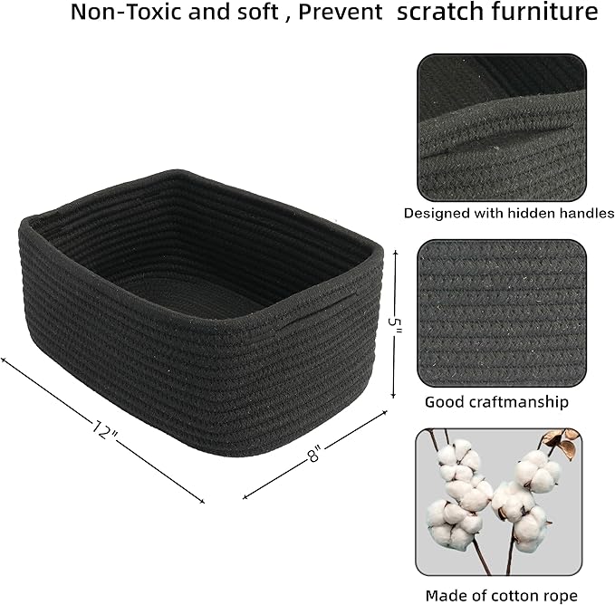 Small Woven Storage Baskets 12“X8”X5“ Decorative Rope Bins for Organizing Shelves, Closets, and Toys, Empty Gift Baskets, Cute Organizer Basket for Home and Office (black, regular)