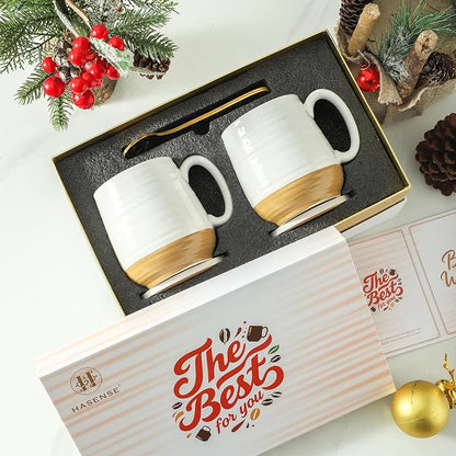 HASENSE Ceramic Couple Coffee Mug Gift Set, 20oz Mugs Set of 2 with Glaze Coasters & Gold Spoons |Unique Engagement, Bridal Shower, Wedding & Housewarming Gift for Newly Engaged, Bride and Groom White