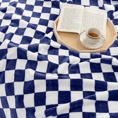 LOMAO Throw Blankets Flannel Blanket with Checkerboard Grid Pattern Soft Throw Blanket for Couch, Bed, Sofa Luxurious Warm and Cozy for All Seasons (Dark Blue, 60"x80")