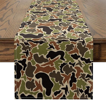 13" x 48" Duck Camouflage Table Runner Boys Girls Camo Hunting Kitchen Dining Decoration for Home Party for Kids Military Style Home Decor for Living Room Dresser Scarfs for Bedroom Green Brown