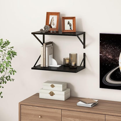 Fun Memories Black Floating Shelves 18 Inch Long, Rustic Floating Shelf with Brackets, 10 Inch Deep Wall Shelves, Black Bathroom Shelves, 18 x 10 Storage Shelf for Kitchen, Living Room, Set of 2