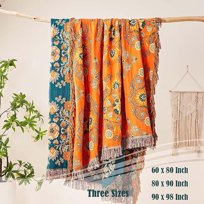 Boho Throw Blanket, 100% Cotton Ultra Soft Luxury Throw Rustic Quilt, 80"x90" Floral Printed Farmhouse Decor Bed Summer Blankets, All Season Rustic Reversible Bohemian Throw for Bed - Orange