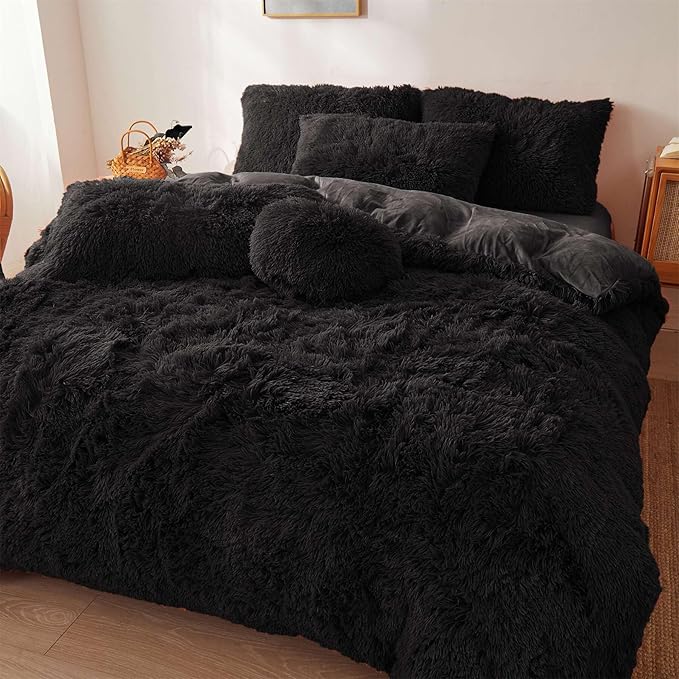 FOPPA Black fluffy Comforter Cover Set king- Ultra Soft fluffy Black Bedding Sets 3 Pieces (1 Duvet Cover + 2 Pillow case) pink fluffy bed set (Black, King)