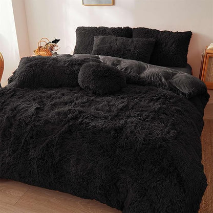 FOPPA Black fluffy Comforter Cover Set king- Ultra Soft fluffy Black Bedding Sets 3 Pieces (1 Duvet Cover + 2 Pillow case) pink fluffy bed set (Black, King)
