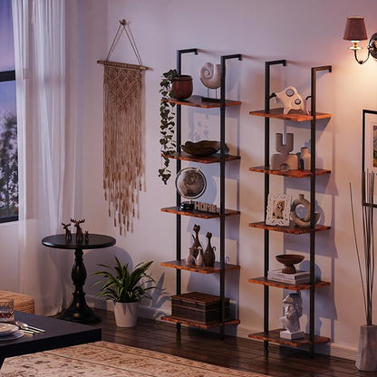 SUPERJARE 5-Tier Bookshelf, Narrow Book Shelf Set of 2, Open Wall-Mounted Ladder Shelf with Metal Frame, Display Bookcase for Home Office, Bedroom, Rustic Brown
