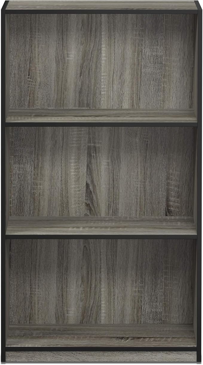 FURINNO Basic 3-Tier Bookcase Storage Shelves, French Oak Grey/Black