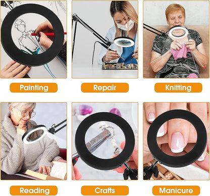 5X Magnifying Glass with Light and Stand, Real Glass Desk Lamp & Clamp, Craft Light Lamp with 3 Color Modes, LED Lighted Magnifier with Light for Hobby Reading Crafts Repair Close Works(Black)