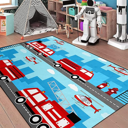 Car Rug Play Mat Car Rug Play Mat Car Rug for Boys Room Fire Fighting Truck Red Car Printed Rug Play Rug for Cars and Trucks Play Rugs for Kids Rooms,Light Blue 3'×4'