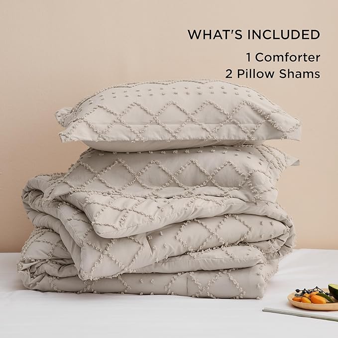 Bedsure Full Size Comforter Set - Linen Comforter, Boho Tufted Shabby Chic Bedding Comforter Set, 3 Pieces Vintage Farmhouse Bed Set for All Seasons, Fluffy Soft Bedding Set with 2 Pillow Shams