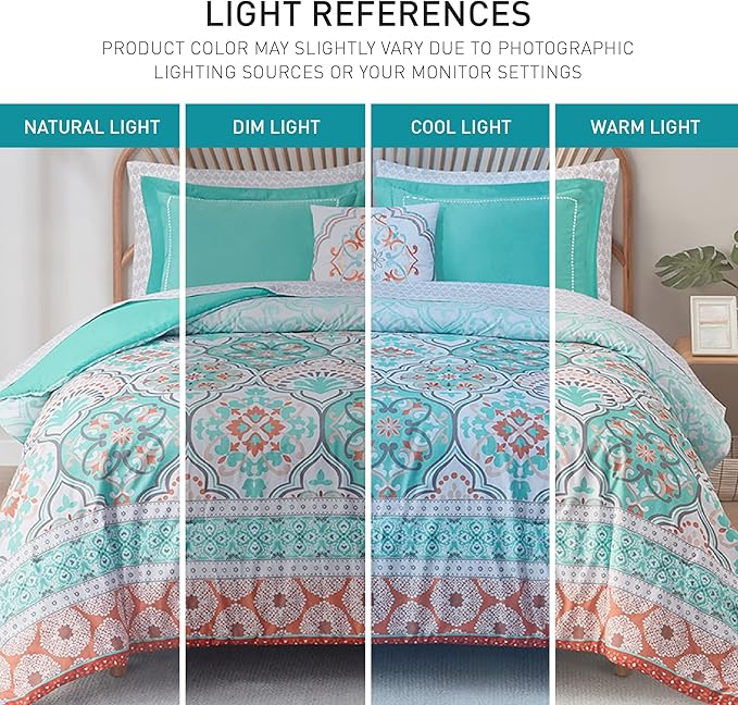 Degrees of Comfort Boho Bed in a Bag Queen Size, Lattice 8 Piece Complete Comforter Set with Sheet for Teenage Girl, Microfiber Teal Bedding Set with Side Pockets, Matching Decorative Pillow, Aqua