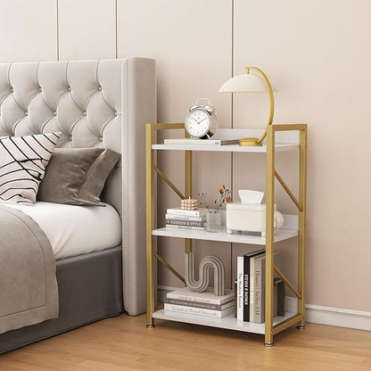 Small Bookshelf for Small Spaces, 3 Tier Bookcase, Narrow Gold Book Shelf, Small Shelf Open Display Rack for Bedroom, Living Room, Home Office,White&Gold