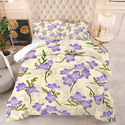 kxry Purple Flower Comforter Sets Bedding Sets Full Size Comforter Set for Girls Women Kids 1 Comforter + 2 Pillow Case