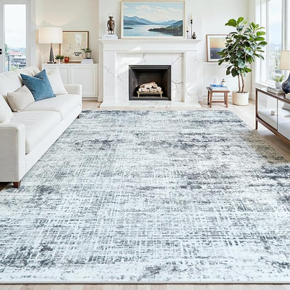 10x14 Washable Area Rug for Living Room Bedroom: Non-Slip Modern Black Grey | Machine Washable TPR Backing, Stain-Resistant Low Pile, Pet & Kid Friendly, Abstract Decor for Dining Room, Dorm, Home Office