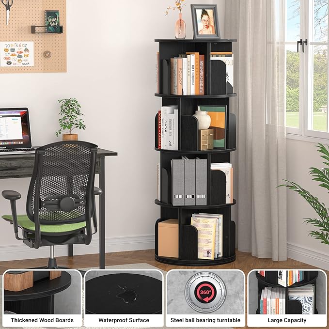 Aheaplus Rotating Bookshelf, 360 Display Corner Bookshelf for Small Space, 4 Tier Floor Standing Bookcase Storage Rack, Wood Narrow Organizer for Bedroom, Living Room, Study Room, Black