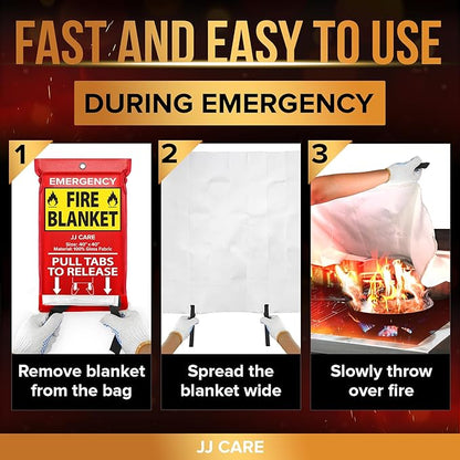 JJ CARE Fire Blanket – 40"x40" 4 Packs with Hooks – Emergency Fire Blanket for Home & Kitchen, High Heat Resistant Fire Suppression Blankets for Home Safety, Kitchen, and Camping