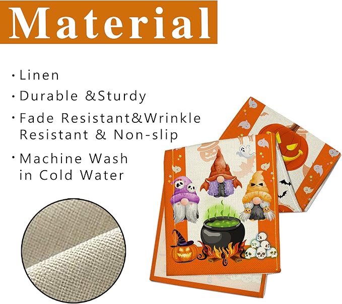 Halloween Table Runner, Halloween Table Runner 90 Inches Long, Halloween Pumpkins Gnomes Runners for Table, Black Cat Spider Web Holiday Decor Burlap Runner Rug for Home Decorations Dining Room