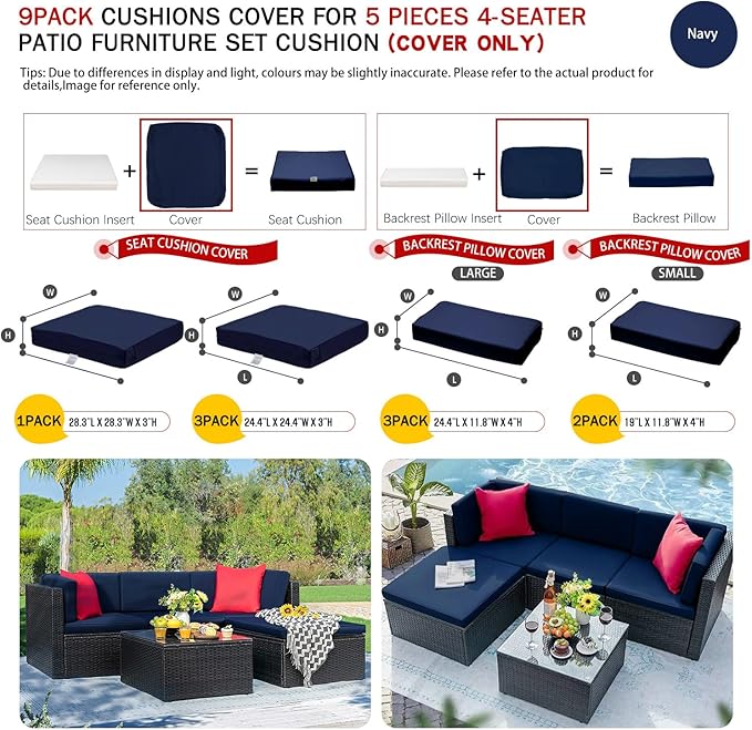 ClawsCover 9 Pack Outdoor Seat and Back Cushion Replacement Covers Fit for 5 Pieces 4-Seater Wicker Rattan Furniture Patio Conversation Set Sectional Couch,Navy-Include Cover Only(Small)