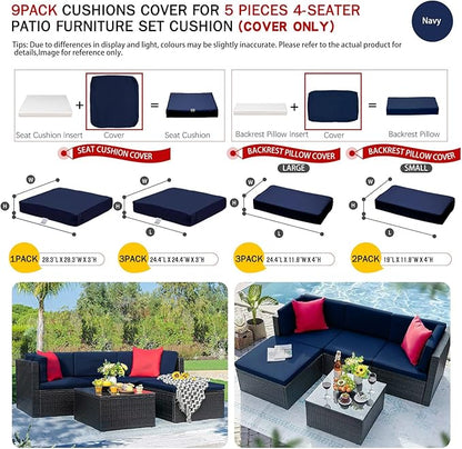 ClawsCover 9 Pack Outdoor Seat and Back Cushion Replacement Covers Fit for 5 Pieces 4-Seater Wicker Rattan Furniture Patio Conversation Set Sectional Couch,Navy-Include Cover Only(Small)
