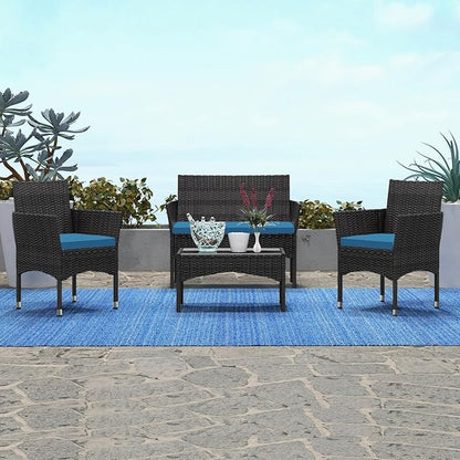 Patio Furniture, 4 Piece Conversation Set, Outdoor Wicker Rattan Table and Chairs, Sectional Sofa with Thick Cushion for Garden, Yard, or Porch, Black