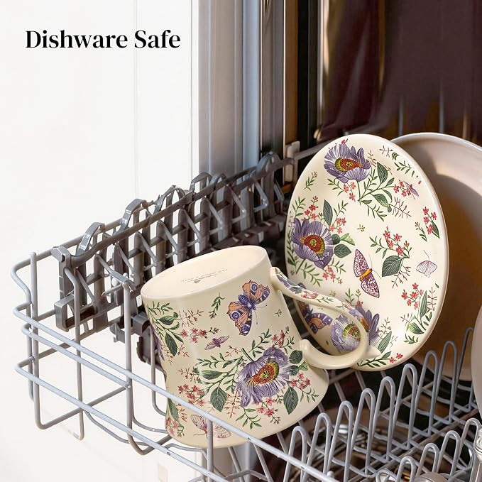 DOWAN 14 OZ Tea Cup & Saucer Set, Floral Mug with Lid, Ceramic Cappuccino/Latte Mug for Women, One Set