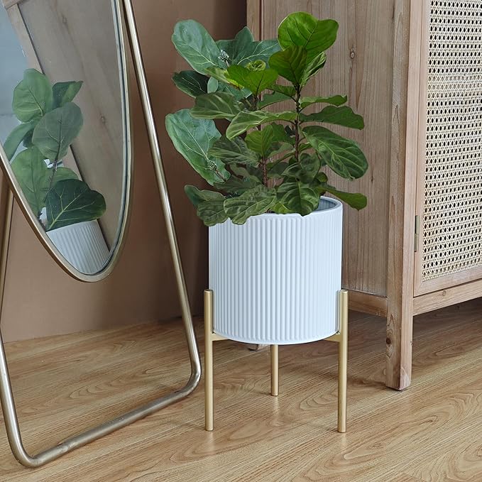 ARNIS Modern Planter Pots, Set of 2 Round Large Planters with Stand, Decorative Floor Planters, Metal Pots with Drainage Holes for Living Room, Office, Garden or Balcony, 8.25 &10.5 Inch, White & Gold