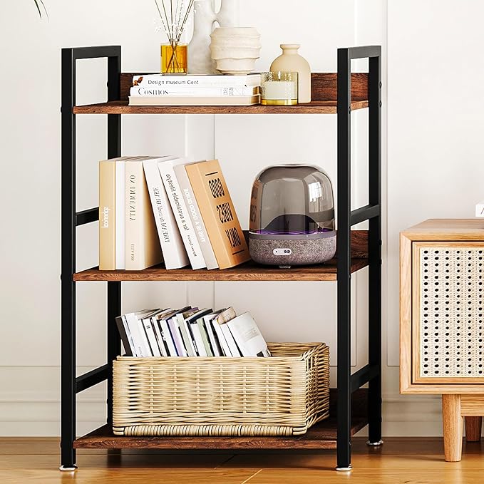 Small Bookshelf for Small Spaces, 3 Tier Small Book Shelf Organizer, Narrow Bookcase for Small Spaces, Small Bookcase for Bedroom, Living Room, Home, Office, 120 lbs Weight Capacity (Brown)