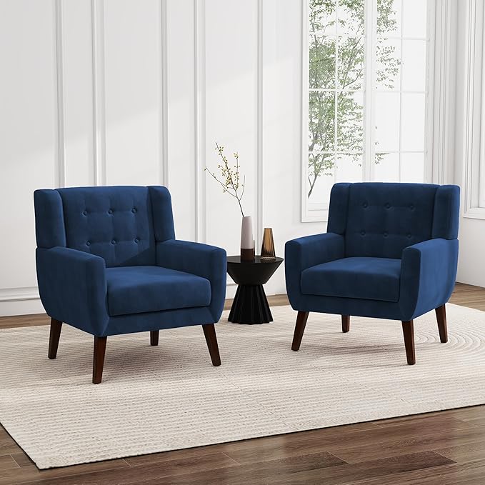 UIXE Velvet Accent Chairs Set of 2, Modern Arm Chair Mid-Century Living Room Armchair, Comfy Upholstered Button Tufted Reading Seat Bedroom Side Sitting, Royal Blue