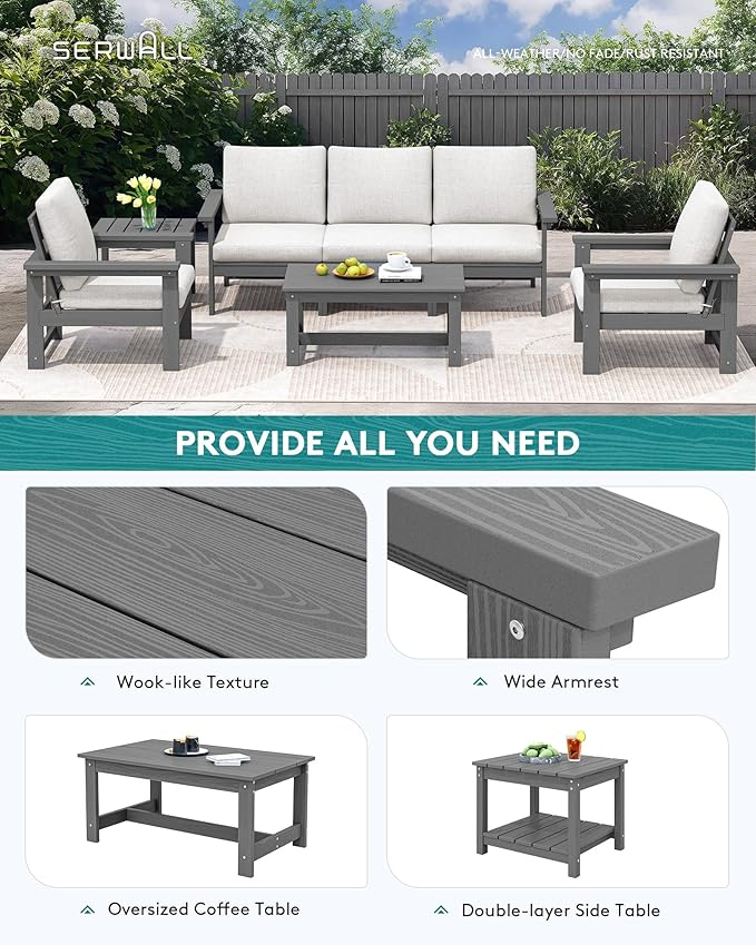 SERWALL HDPE Patio Coversation Set, 7-piece Outdoor Sectional Sofa Set, All Weather Patio Couch Set Patio Furniture for Balcony, Deck, Grey Frame with Khaki Cushion
