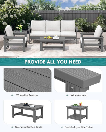 SERWALL HDPE Patio Coversation Set, 7-piece Outdoor Sectional Sofa Set, All Weather Patio Couch Set Patio Furniture for Balcony, Deck, Grey Frame with Khaki Cushion