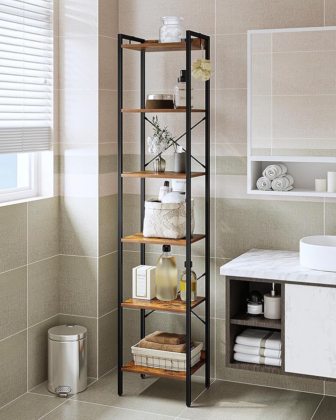 Bookshelf, Book Shelf, Industrial Bookcase with 2 Hooks, Coner Shelf Storage Organizer for Home Office, Living Room, Bedroom, Kitchen, 6-Tier Rustic Brown BC10701B