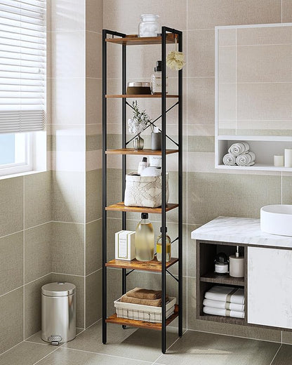 Bookshelf, Book Shelf, Industrial Bookcase with 2 Hooks, Coner Shelf Storage Organizer for Home Office, Living Room, Bedroom, Kitchen, 6-Tier Rustic Brown BC10701B