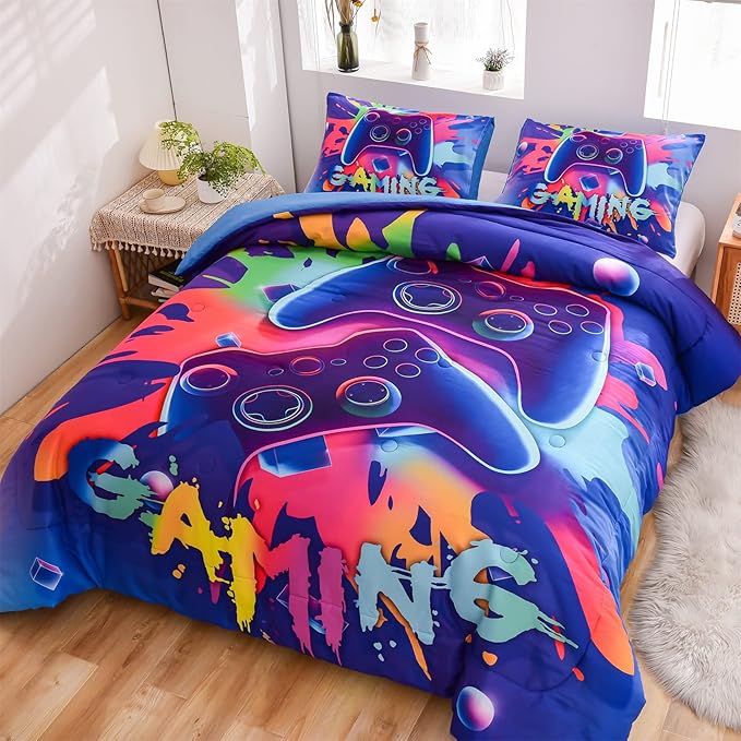 Aimuan Gamer Gaming Bedding Sets 3D Gamepad Comforter Sets for Boys Games Console Action Buttons Novelty Colorful Game Controller Modern Room Decor Home Quilt Set (Queen, Purple)