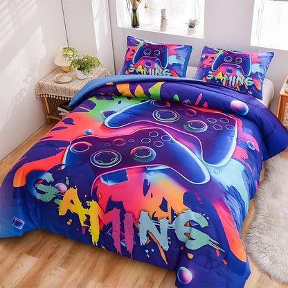 Aimuan Gamer Gaming Bedding Sets 3D Gamepad Comforter Sets for Boys Games Console Action Buttons Novelty Colorful Game Controller Modern Room Decor Home Quilt Set (Queen, Purple)