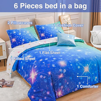 A Nice Night 6Pcs Gradient Glitter Bedding Set for Girls, Colorful Rainbow Galaxy Comforter Set, Ultra Soft Bedding Sets (Blue-Green,Queen 6Pcs)