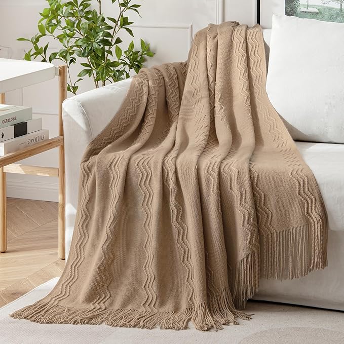 MIULEE Tan Taupe Knitted Throw Blanket for Couch Boho Textured Cozy Woven Blanket with Tassels for Sofa Chair Bed Living Room Farmhouse Home Decor Acrylic Wave Pattern 50"x60"
