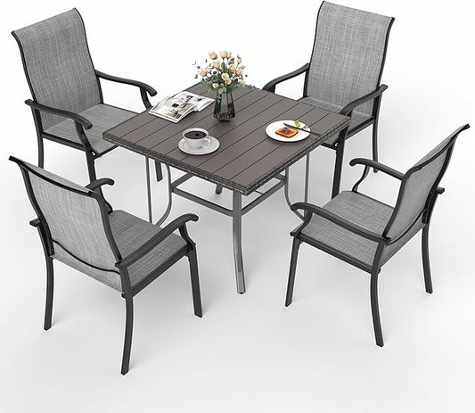 Pamapic 5 Pieces Patio Dining Set, Outdoor Table and Chairs for Garden Backyard Poolside Deck,Outdoor Furniture Set with Square Plastic-Wood Table Top,4 Textilene Chairs,Gray