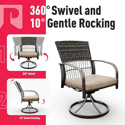 Pamapic 5 Piece Patio Dining Set for 4,Outdoor Wicker Furniture Set for Backyard Garden Deck Poolside with 4 Cushions Swivel Rocker Chairs,Square Plastic-Wood Table Top, Removable Cushions(Beige)
