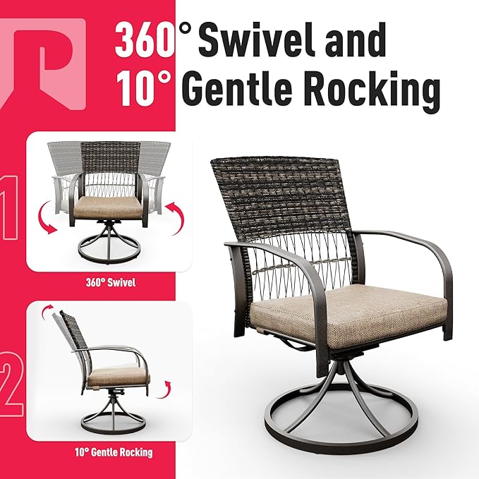 Pamapic 7 Piece Patio Dining Set for 6,Outdoor Wicker Furniture Set for Backyard Garden Deck Poolside with 6 Cushions Swivel Rocker Chairs,Iron Slats Table Top, Removable Cushions(Beige)