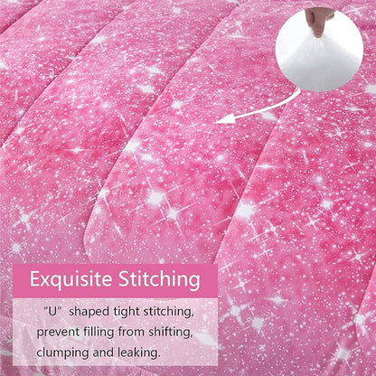 Pink Glitter Comforter Twin Size for Girls, Sparkle Galaxy Twinkle Starlight Comforter for Kids Teen,2 Piece Pink Ombre Pastel Bedding Set with 1 Pillow Case(Pink)