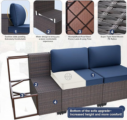 Patio Furniture Set 7-Pieces Outdoor Furniture for Backyard Wicker Sectional Sofa Set, Rattan Patio Conversation Set with Thickened Cushions and Glass Coffee Table, Navy Blue