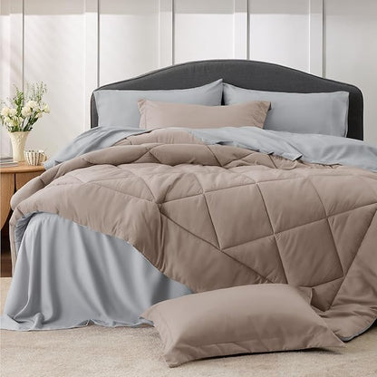 Bedsure Taupe Queen Comforter Set - 7 Pieces Reversible Queen Bed in a Bag Queen Bed Set with Comforters, Sheets, Pillowcases & Shams, Queen Bedding Sets