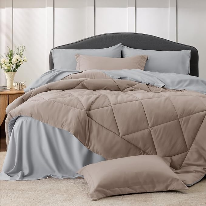 Bedsure Taupe King Size Comforter Set - 7 Pieces Reversible King Bed in a Bag King Bed Set with Comforters, Sheets, Pillowcases & Shams, King Bedding Sets
