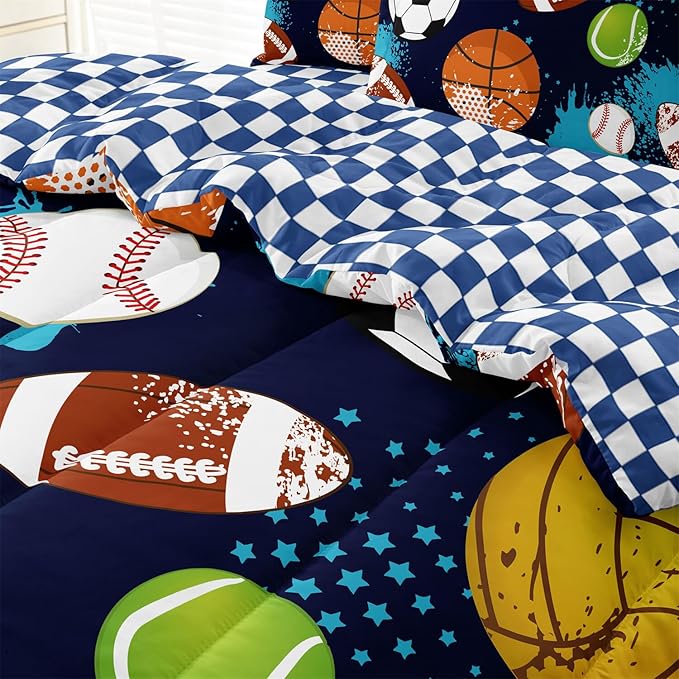 Kids Boys Comforter Set Twin Bed in a Bag w/Sheet Sets, Blue Twin Bedding Sets for Teens Soccer Basketball Baseball Football Sports Themed Bedroom Decor Reversible Design