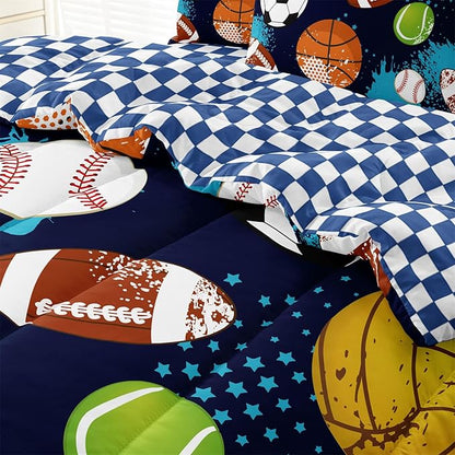 Kids Boys Comforter Set Full Bed in a Bag w/Sheet Sets, Blue Full Bedding Sets for Teens Soccer Basketball Baseball Football Sports Themed Bedroom Decor Reversible Design