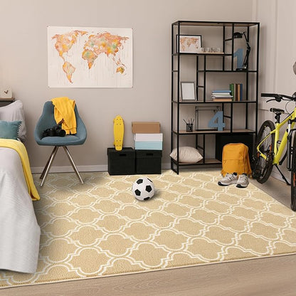 Chicrug Shag Geometric Modern Area Rug for Living Room, 3x5 Feet Large Memory Foam Indoor Carpet, Fluffy Rug for Bedroom Bedside Room Decor for Family Girls Kids Nursery, Beige/White