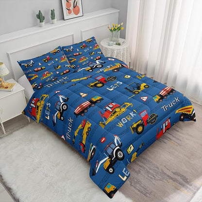 Axolotl Tractor Truck Bedding Set Full,Excavator Comforter Set,Vehicles Truck Comforter,Boys Bedding Machinery Truck Comforter Construction Site Decor for Kids Boys Teens,1 Quilt 2 Pillowcases,Blue