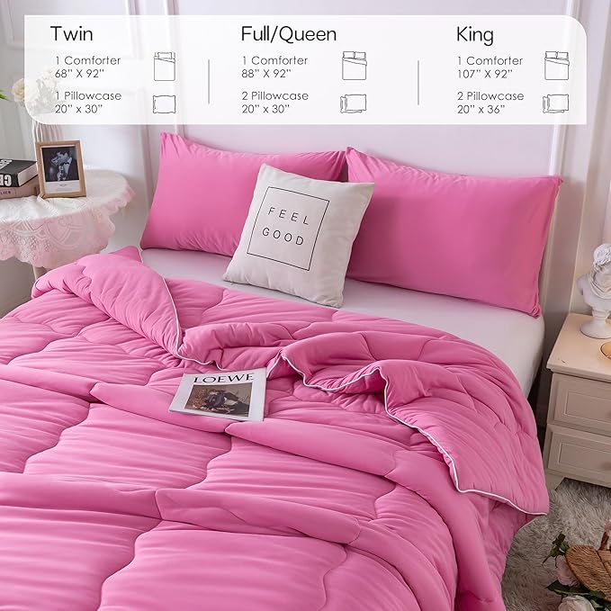 COTTEBED Softness Comforter Set KING Size Bed, Jersey Knit T-Shirt Feel Ultra-Soft Breathable Comy Cozy Lightweight Bedding Down Blanket Pillowsham Women Girl All Season, California/Cal King Rose Pink